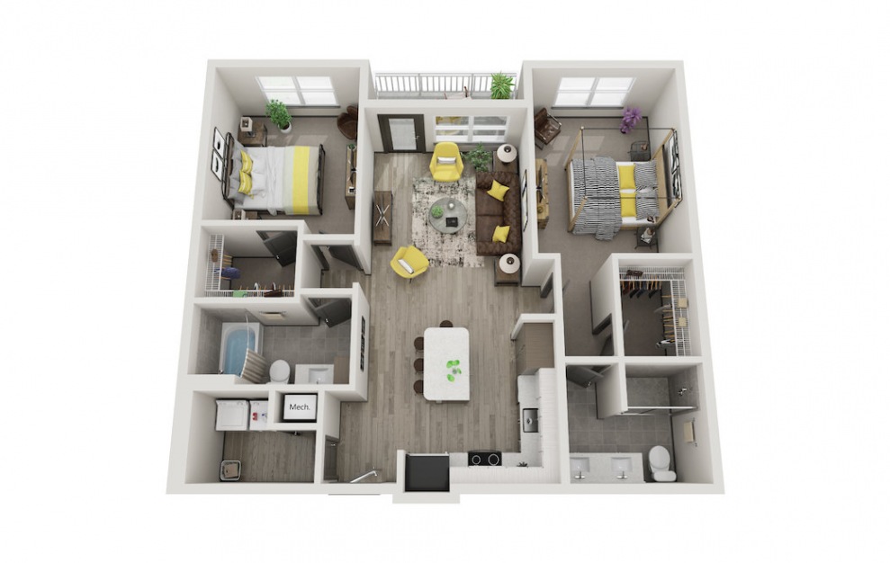 The Lucy - 2 bedroom floorplan layout with 2 baths and 1108 square feet.